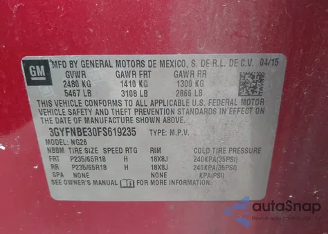 2015 Cadillac Srx Luxury Collection from USA, damaged, VIN 3GYFNBE30FS619235